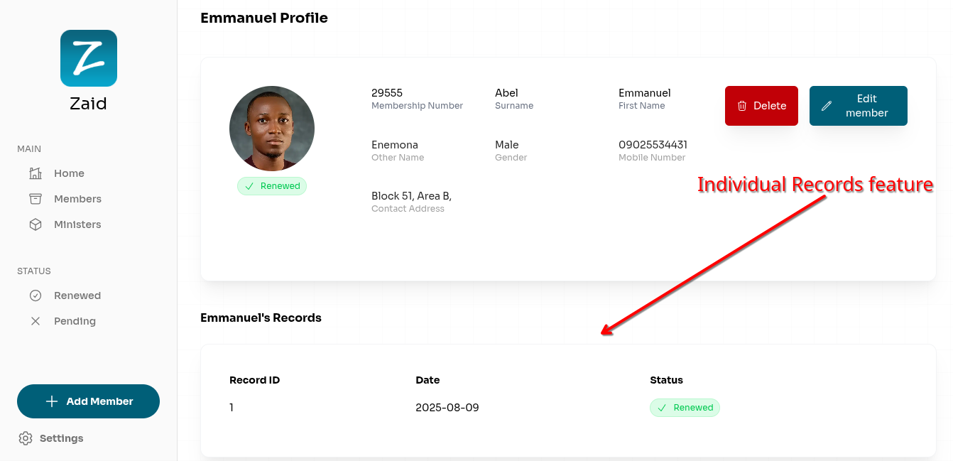 Zaid Individual Record feature